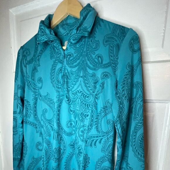 TEHAMA Long Sleeve Teal Paisley Athleisure Stretch Dress - Picture 5 of 12
